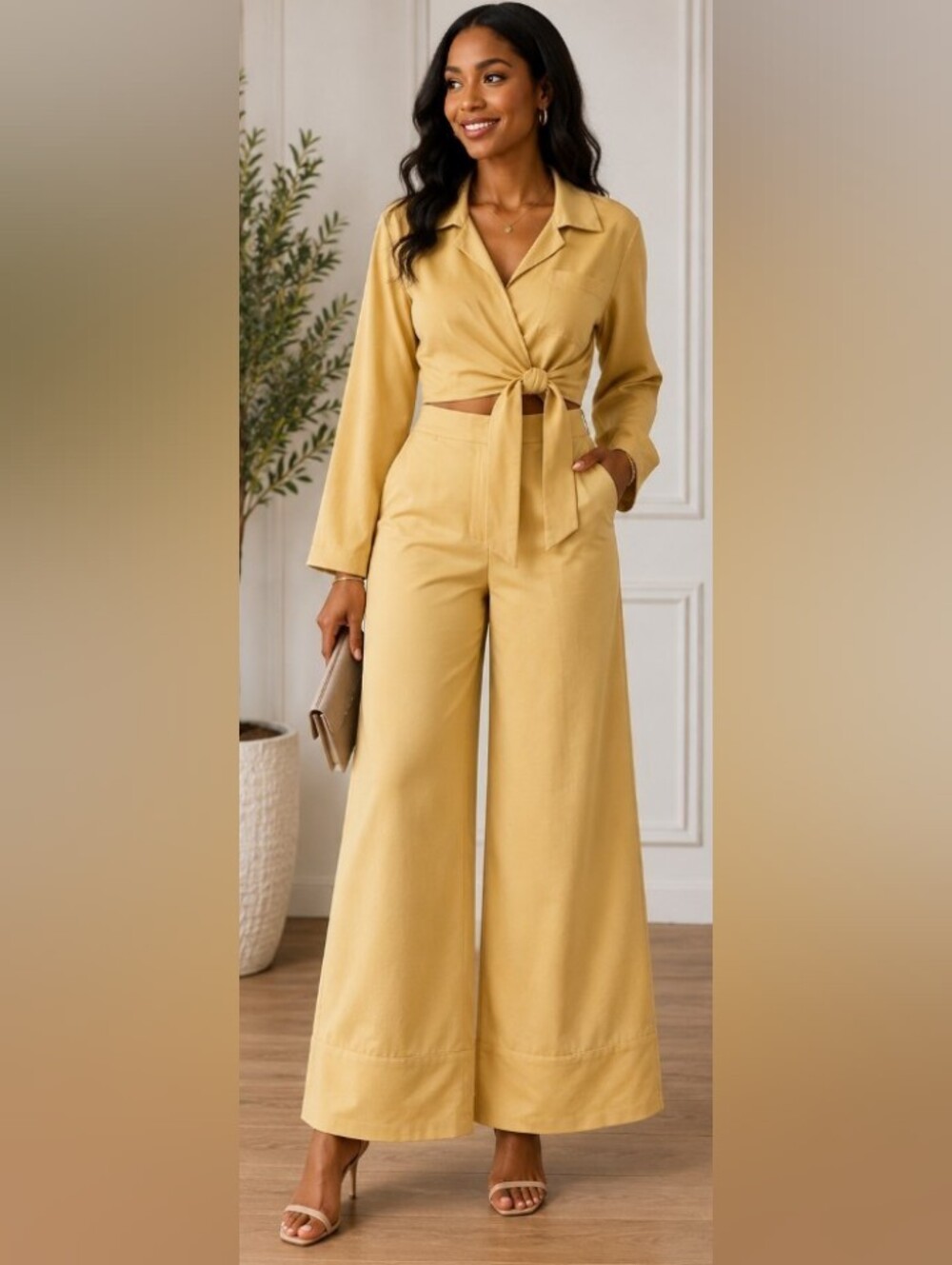 Sollinarry High-Waist Wide-Leg Pants in Mustard Yellow